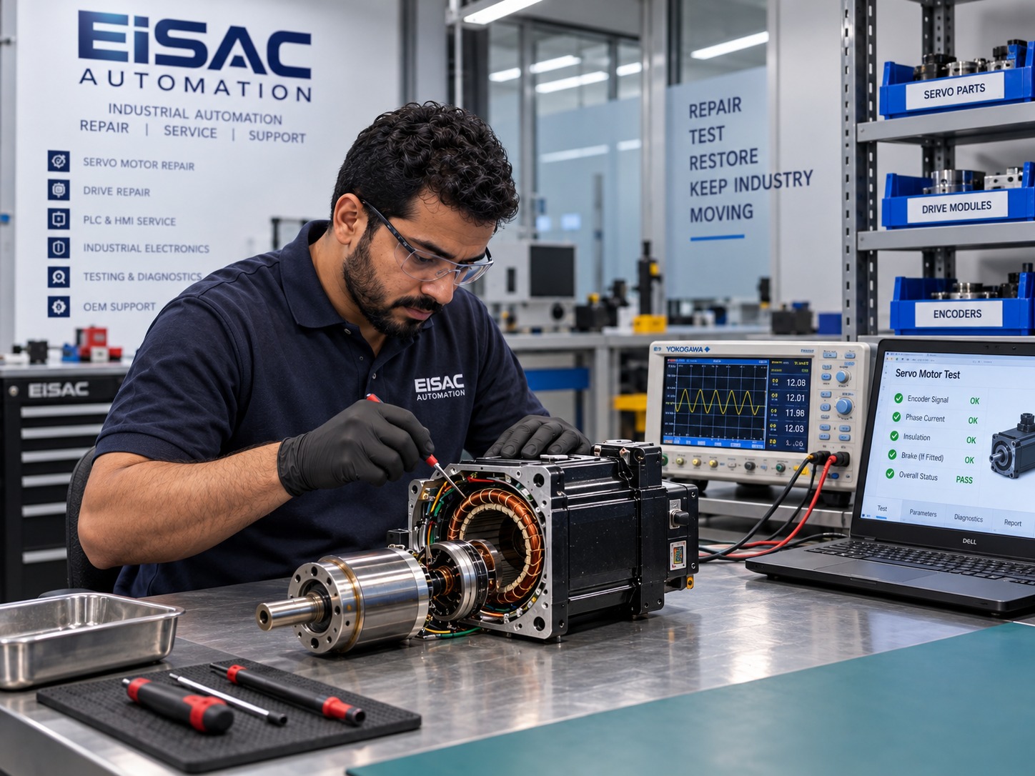 EISAC technician inspecting and testing an industrial servo motor