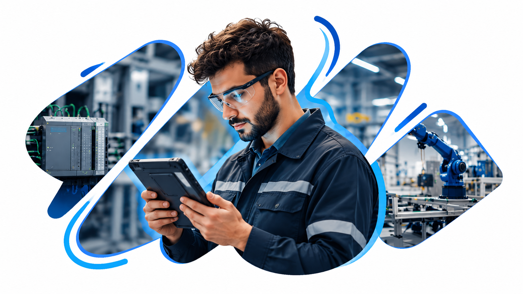 Engineer using a tablet alongside industrial controllers and robotics